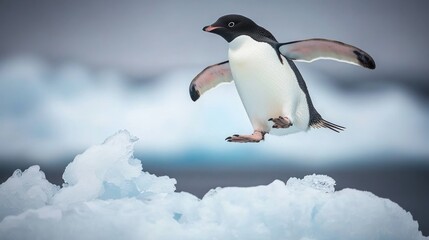Fototapeta premium A penguin leaps gracefully over icy terrain in a cold, polar environment.