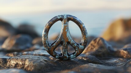 Fototapeta premium Rusted peace symbol on rocky shore at sunrise. Peace and environmental resilience concept.