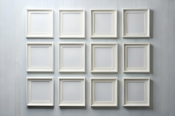 A wall of white frames with a blue background