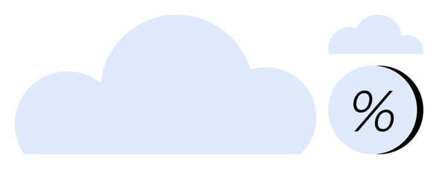 Large cloud shape with smaller cloud, percentage symbol encased in a circle. Ideal for cloud storage, data management, computing services, weather forecasts, digital marketing, finance data