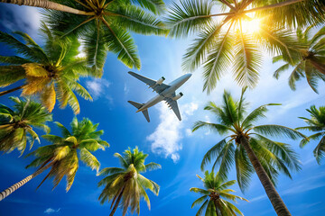 A white airplane is flying over a tropical forest