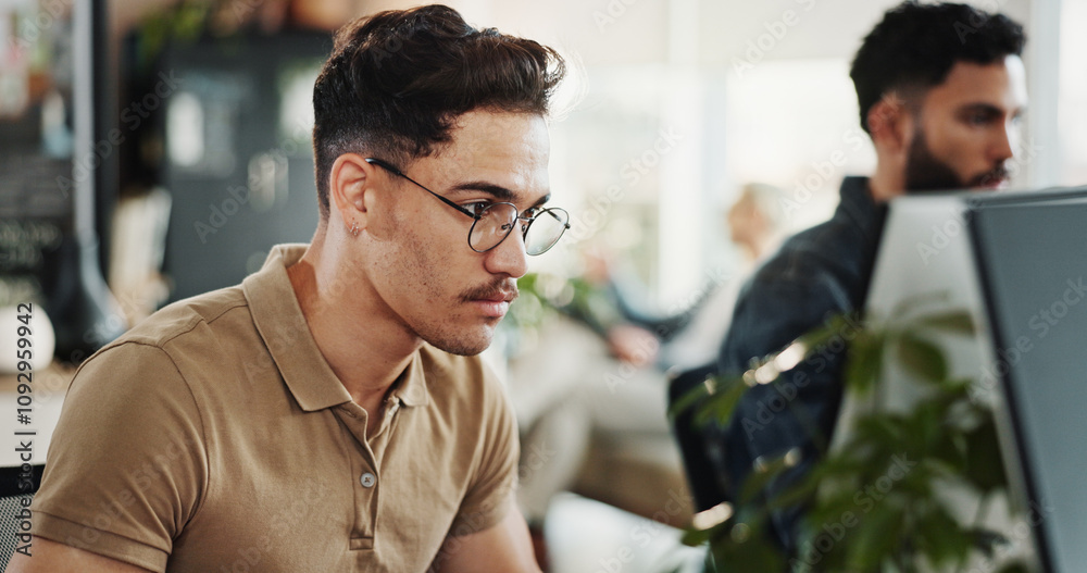 Poster Computer, programming and web design with man in creative workplace for coding or development. Concentration, cybersecurity and system maintenance with employee person in office as website developer