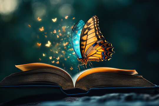 A magical book releasing detailed butterfly wings.