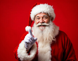 Naklejka premium portrait of cheerful santa claus pointing at empty space for christmas event on bright red background