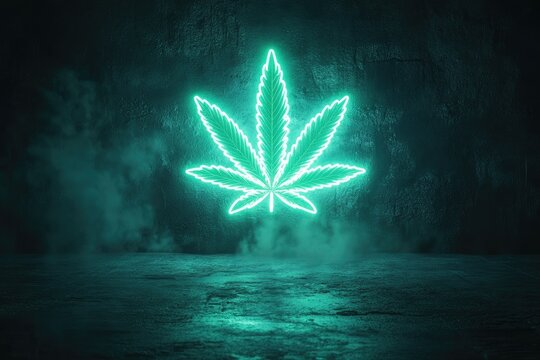 A glowing green cannabis neon sign against a dark urban wall, clean copyspace around the edges