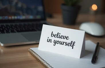 Believe in yourself message on notebook with laptop for business motivation