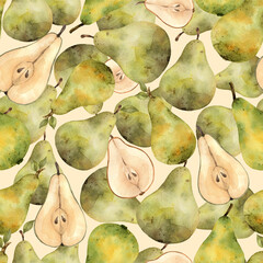 Seamless pattern with pears. Watercolor hand drawing.