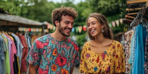 Naklejka premium Smiling couple enjoying vibrant outdoor market with colorful outfits