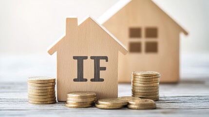 Concept of house and property tax. Interest on property, debt payment, property tax, mortgage. Stack of coins with wooden blocks with symbol of interest on house background 