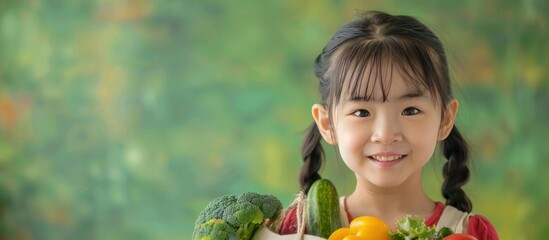 Smiling Little Girl Holding a Bag of Fresh Vegetables
