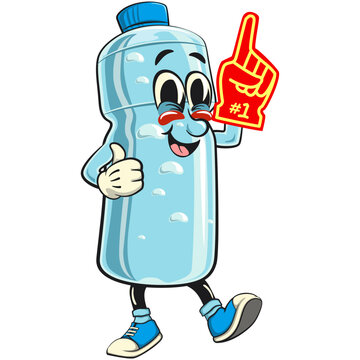 recommend clip art: water plastic bottle cartoon mascot character raise foam finger, vector illustration isolated, work of hand drawn