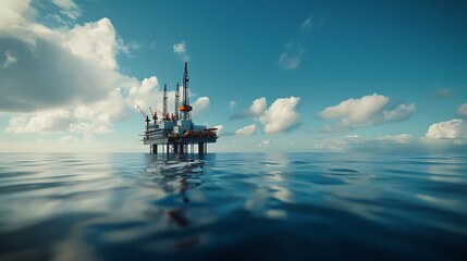 Obraz premium An offshore oil rig stands tall against a serene sea and cloudy sky, symbolizing energy production and industrial activity.