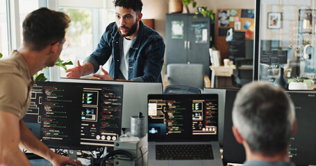 Men, discussion and programmer with computer for coding solutions, problem solving or idea at...