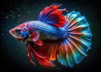 Fototapeta premium Captivating Siamese Fighting Fish displayed in dim light, revealing vibrant fins and hues, showcasing natureâ€™s elegance in colorful underwater beauty and exotic aquatic photography.