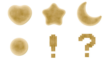 3d icon collection set, heart, star, moon, circle, exclamation point and question mark, muted yellow velvet velour material, png isolated background

