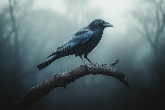 A single crow perched on a dead tree branch at dusk, dark sky with ample copyspace for text