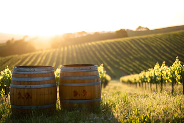 Obraz premium A vineyard with two barrels, rustic charm, and rolling hills