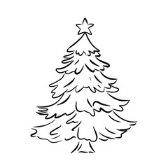 Obraz premium Sketch hand drawn Christmas tree with star, vector illustration
