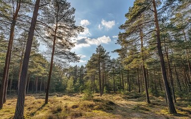 Obraz premium Spring Forest Landscape with Tall Pine Trees at Sunrise, AI generated illustration