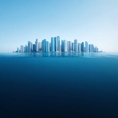 Fototapeta premium Cityscape submerged in ocean; urban landscape half underwater, clear blue sky.