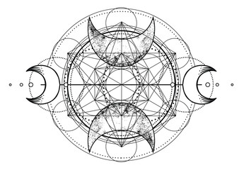 Metatron Cube. Moon pagan Wicca moon goddess symbol. Three-faced Goddess Maiden, Mother, Crone isolated vector illustration. Tattoo, astrology, alchemy, boho and magic symbol. Coloring book..
