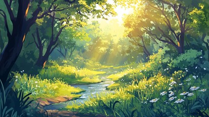 Summer Forest Landscape with a Small River and Sunlight Through Trees, AI generated illustration