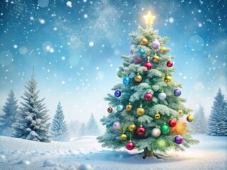 Obraz premium Capture the spirit of Christmas Eve with a snowy landscape embellished with festive ornaments, creating a magical backdrop for your seasonal design mockup ideas and inspirations.