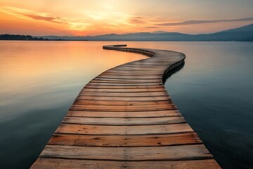 Obraz premium Wooden Bridge Over Calm Sea Water at Sunset, AI generated illustration