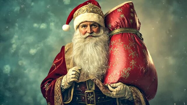 Traditional st. nicholas in festive attire holding gift sack with vintage background, celebrating happy st. nicholas day ai