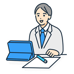 タブレットを使い宿題をする10代の学生。勉強する男子のベクターイラスト素材。