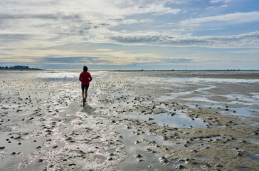 woman hiking in the wadden sea at low tide in the wadden sea of Quiberon peninsula, Brittany, France
