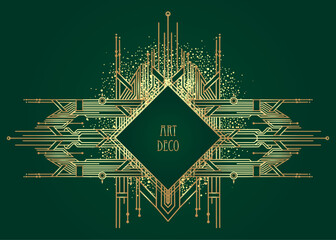 Art Deco vintage gold patterns over dark green, frames and design elements. Retro party geometric background set 1920s style. Vector illustration for glamour party, thematic wedding or textile prints.