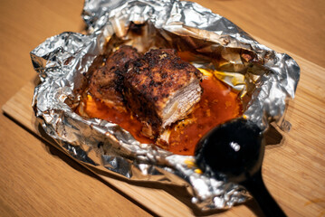 meat in an aluminium foil