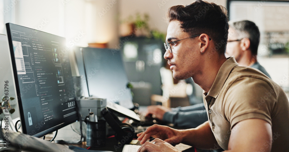 Poster Computer, programming and web development with man in creative workplace for coding or design. Cybersecurity, language and system infrastructure with employee person in office as website developer