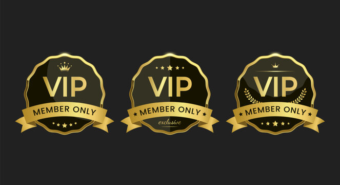 Three gold VIP badges great for exclusive membership on a black background