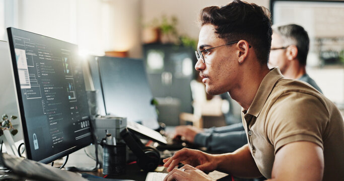 Computer, programming and web development with man in creative workplace for coding or design. Cybersecurity, language and system infrastructure with employee person in office as website developer