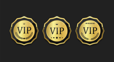 Three gold VIP badges with crown, star, and laurel design elements on a black background