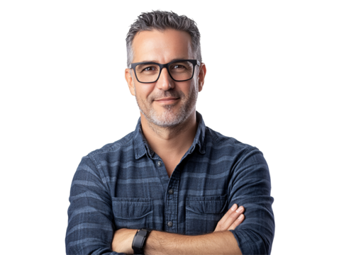 a man with glasses and a blue shirt