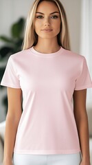 Woman wearing a light pink shirt mock up in a bright interior space. Generative AI