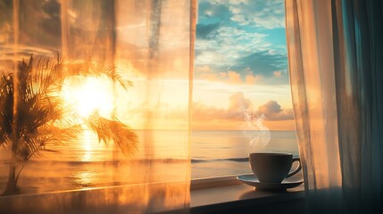 Obraz premium Relaxing view of sunrise with coffee on window. coffee morning sun double exposure