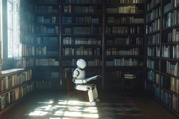 AI Robot Reading in a Library, Symbolizing Learning and Artificial Intelligence. AI generated illustration