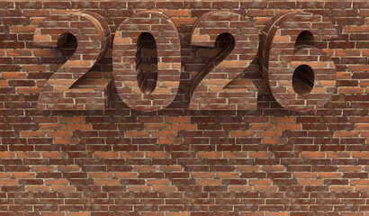 Brick New Year 2026 set on a stone wall in front. Post idea for a construction company. 3d rendering