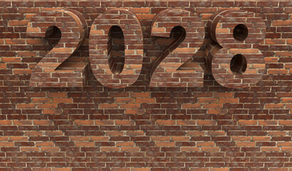 Brick New Year 2028 set on a stone wall in front. Post idea for a construction company. 3d rendering