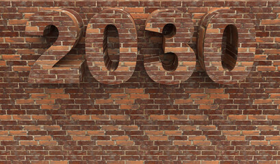 Brick New Year 2030 set on a stone wall in front. Post idea for a construction company. 3d rendering