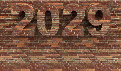 Brick New Year 2029 set on a stone wall in front. Post idea for a construction company. 3d rendering