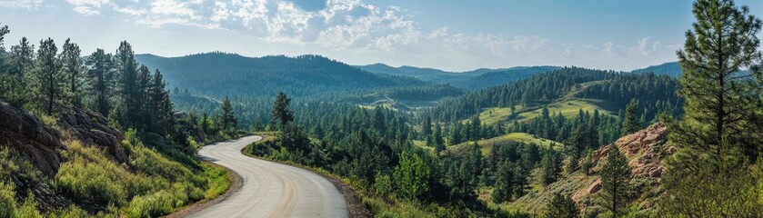 Scenic Mountain Road Winding Through Lush Green Forests and Rolling Hills Under a Clear Blue Sky in a Serene Natural Landscape