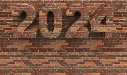 Brick New Year 2024 set on a stone wall in front. Post idea for a construction company. 3d rendering