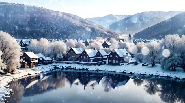 Snow-covered village with frosted trees nestled between hills and river Seamless looping 4k time-lapse animation video background  
