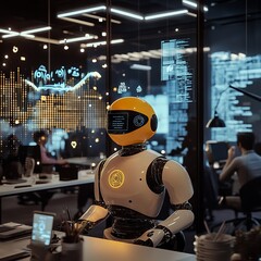 AI Robot Working in an Office with Human Employees and Digital Data Displays. AI generated illustration