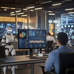 AI Robot Working in an Office with Human Employees and Digital Data Displays. AI generated illustration
